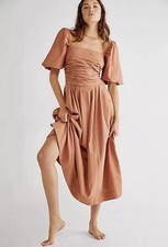 Free People Midi Dress Medium Aint She A Beaut Orange Puff Sleeves Smocked Boho