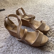 Jimmy Choo Beige Portia 70 Patent Leather Cork Wedge Sandals - 6.5W/7W/ 36.5EU