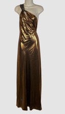 Lauren Ralph Lauren Women Gold Metallic Chiffon One Shoulder Gown Dress Size 14