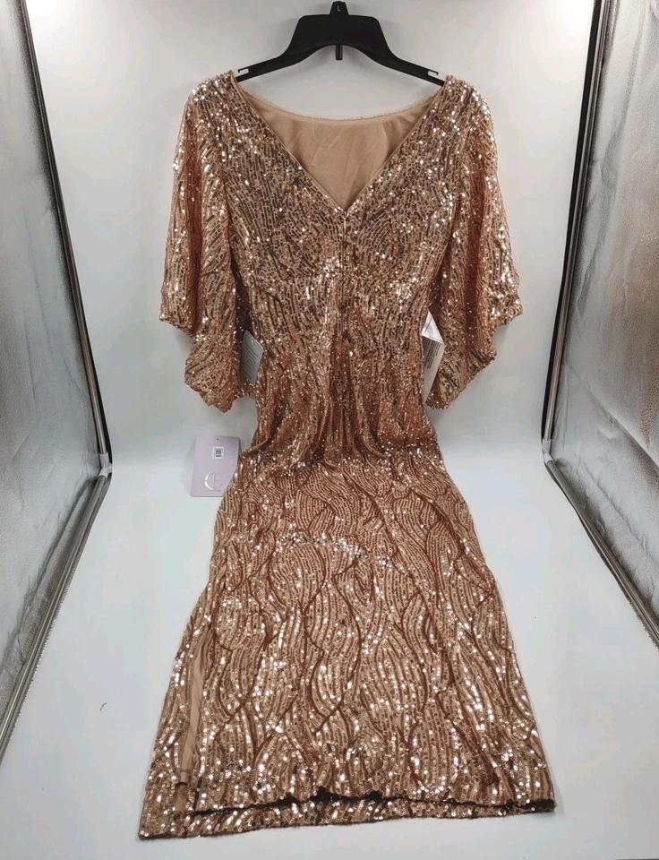 NEW JS Collections Lorelei Sequin Column Gown - Warm Gold - Size 0 (C2-I5) - Image 4 of 4