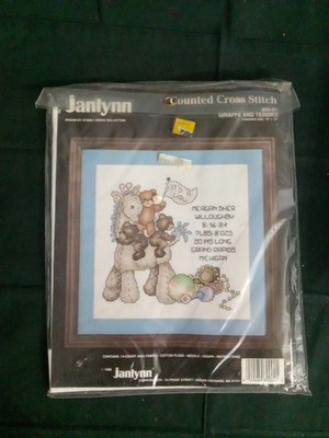 Janlynn ''Giraffe and Teddies'' counted cross-stitch baby birth record kit Vintage