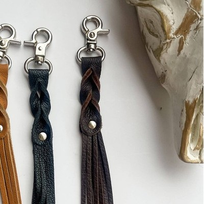 Western Leather Skinny Tassel Fringe Keychain Bag Charm Brown