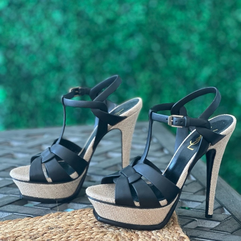 Sandali Yves Saint Laurent neri con plateau in paglia vimini sandali estivi