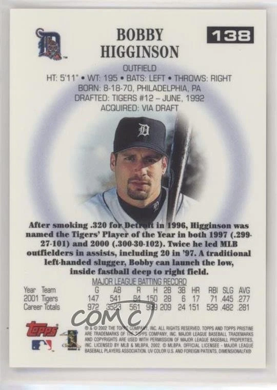 2002 Topps Pristine Bobby Higginson #138 - Image 2 of 2