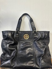 Tory Burch Black Leather Tote Gold Double T Logo Medallion Large Shoulder Bag