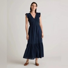 M Quince Organic Cotton Textured Tiered Smocked Midi / Maxi Dress Navy NWT