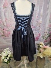 Bongossi-Trade Dirndl Dress Black Blue Floral Embroidery Lace Up UK 10 EU 38