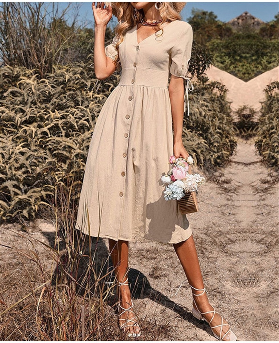 Women Summer Midi Dress Casual V Neck Short Sleeve Flowy Solid