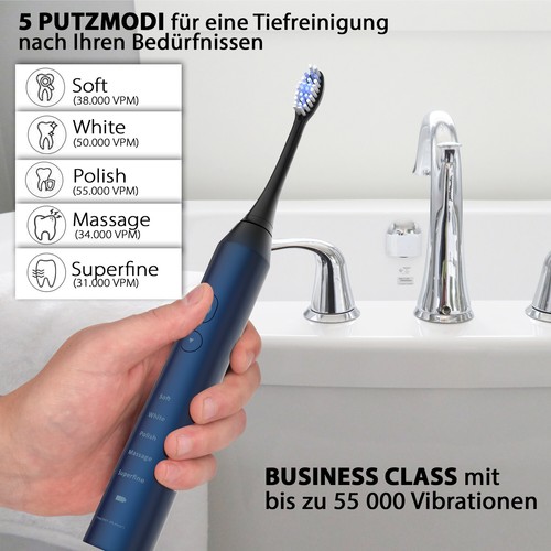 Tristan Auron  Schallzahnbürste-55.000 VPM inkl. UV-Etui 6 Aufsteckbürsten Blau - Bild 5 von 9