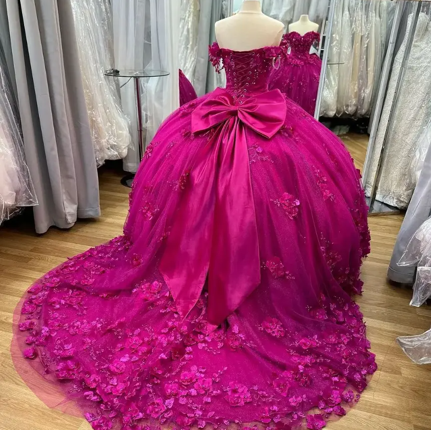 Fuchsia Quinceanera Dresses Ball Gown Birthday Party Sweet 16 Dress With  Big Bow | eBay