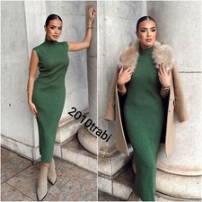 ZARA GREEN METALLIC THREAD FITTED SLEEVELSS KNIT MIDI DRESS SIZE L