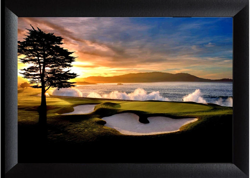 Pebble Beach Golf Course 18th Hole At Sunset 16" x 24" Framed Golf Art Photos