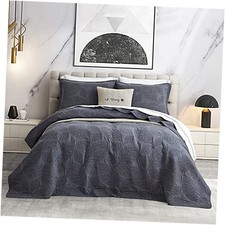 Botanical Cotton Quilt Queen Size - Real Full/Queen 88"x92" Dark Grey