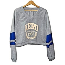 NEW Aeropostale Sport Athletics Girls Large Cropped Sweatshirt Gray Blue V-Neck