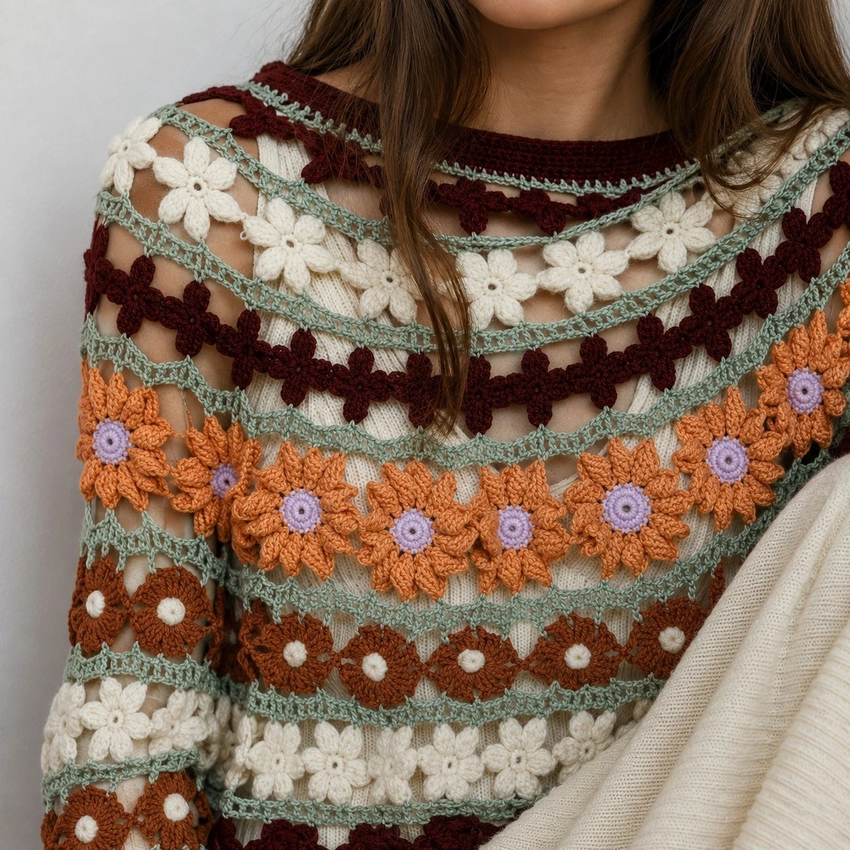 ZARA rare cotton blend Flower Crochet knit oversize jumper Boho Cottagecore UK S