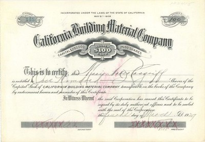 California Building Material Co. - 1929 dated Stock Certificate - General Stoc