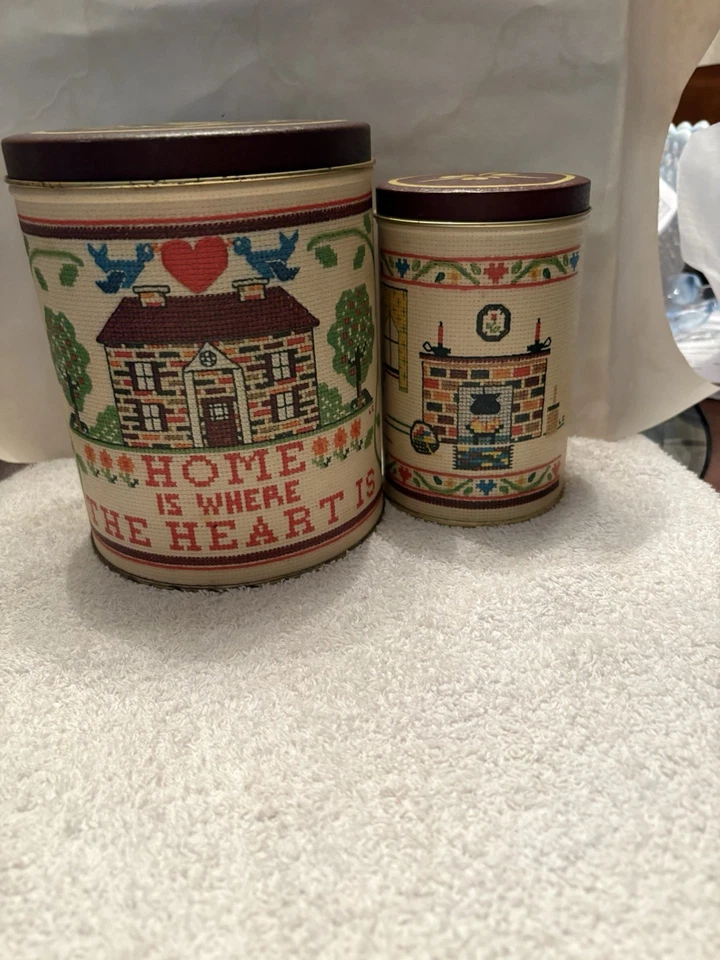 Vtg Nesting Canister Set Metal 2 PC  Primitive Country Farmhouse Decor 5 " H - Image 2 of 4