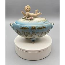 Vintage Norleans (Morleans) Japan Cherub Trinket Jar — Footed Lidded Bowl