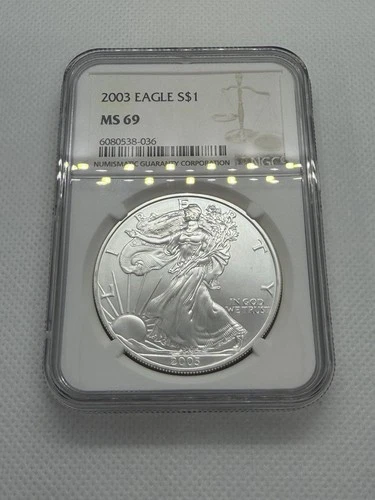 2003 Silver 1oz U.S. Silver Eagle NGC MS69. Couple Small Spots On Obverse.