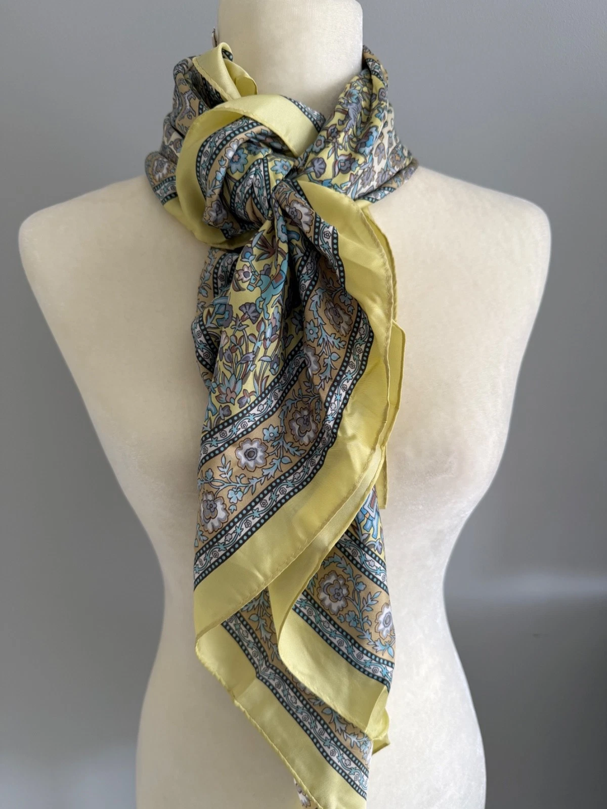 Lui Chantant Silk Scarf Vintage Animal Floral Print Elephant Tiger Yellow 33"