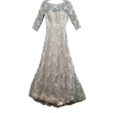 La Femme Gown Sz 2 Silver Floral Embroidered Sequin Evening Dress 3/4 Sleeve