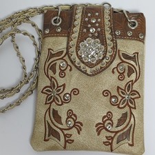 Embellished Western Rhinestone Crossbody Bag - Phone Pouch - Tan/Brown Snap
