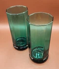 Vintage Anchor Hocking Green Depression Glass Octagonal Tumblers Pair 6.5" Tall