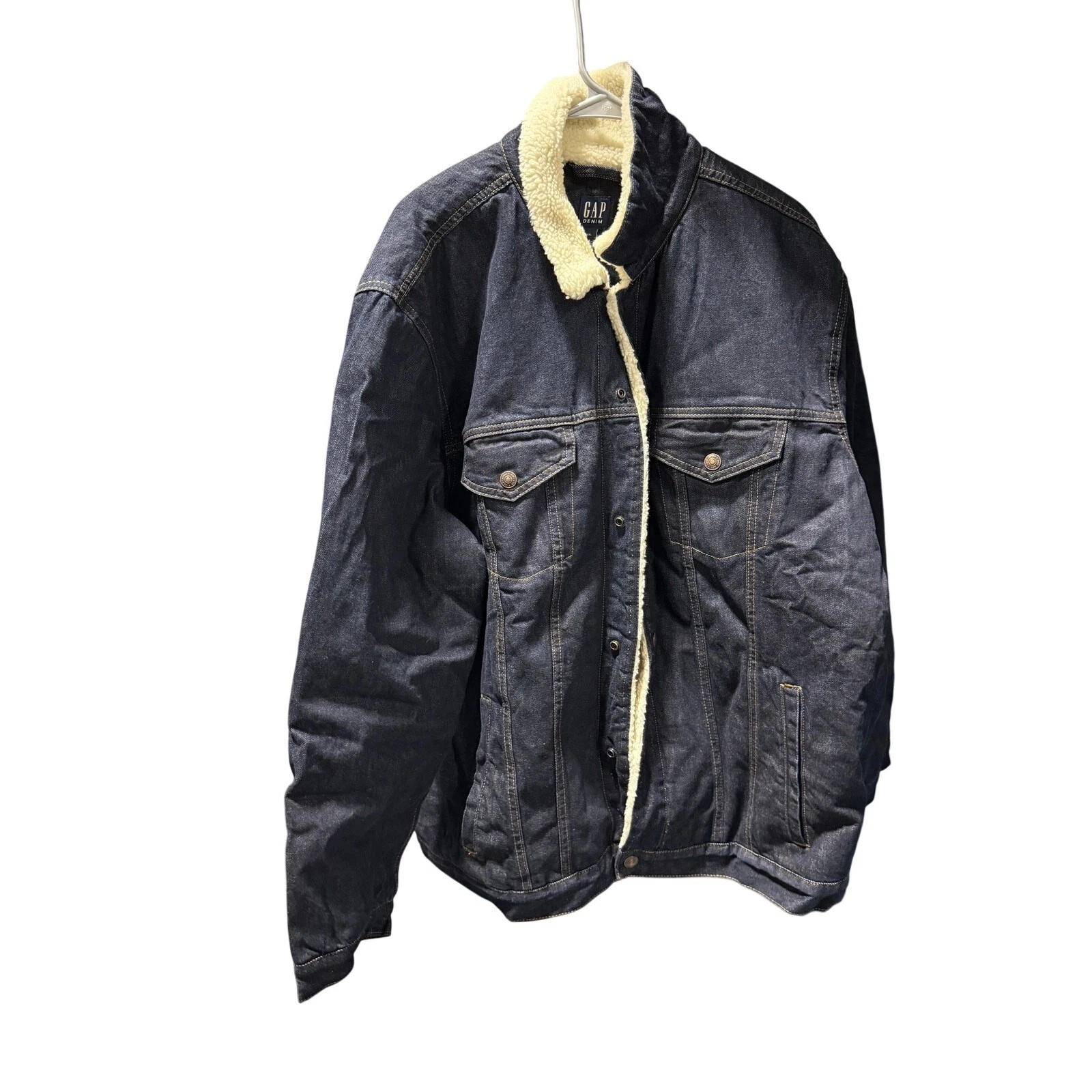 GAP Denim Sherpa Lined Jacket Mens XXL Dark Wash Trucker Fleece Lined $119