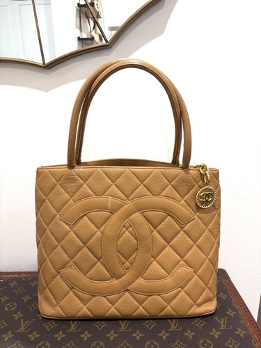 Authentic Chanel Caviar gold Medallion Tote Camel Brown Leather Bag