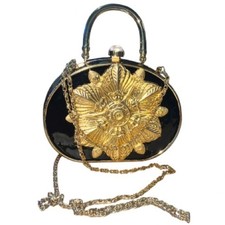 Chic Vintage Black and Gold Floral Clutch With Gold-Tone Chain Strap, 60 s