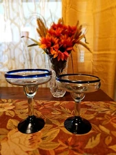 Mexican Hand Blown Glass Margarita Glasses Blue Rim And Base Set Of 2 Cobalt 