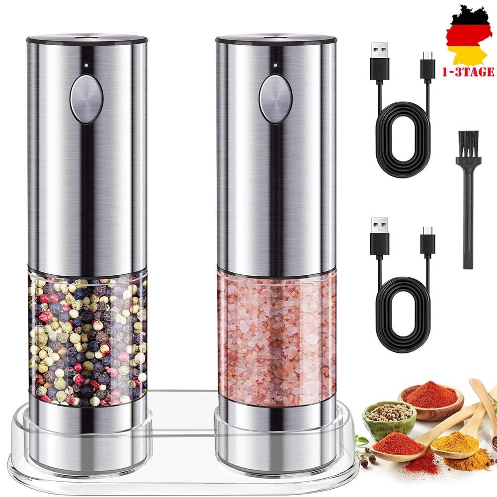 2 Profi Elektrische Salz und Pfeffermühle USB Aufladbar Gewürzmühle mit LED-Lich