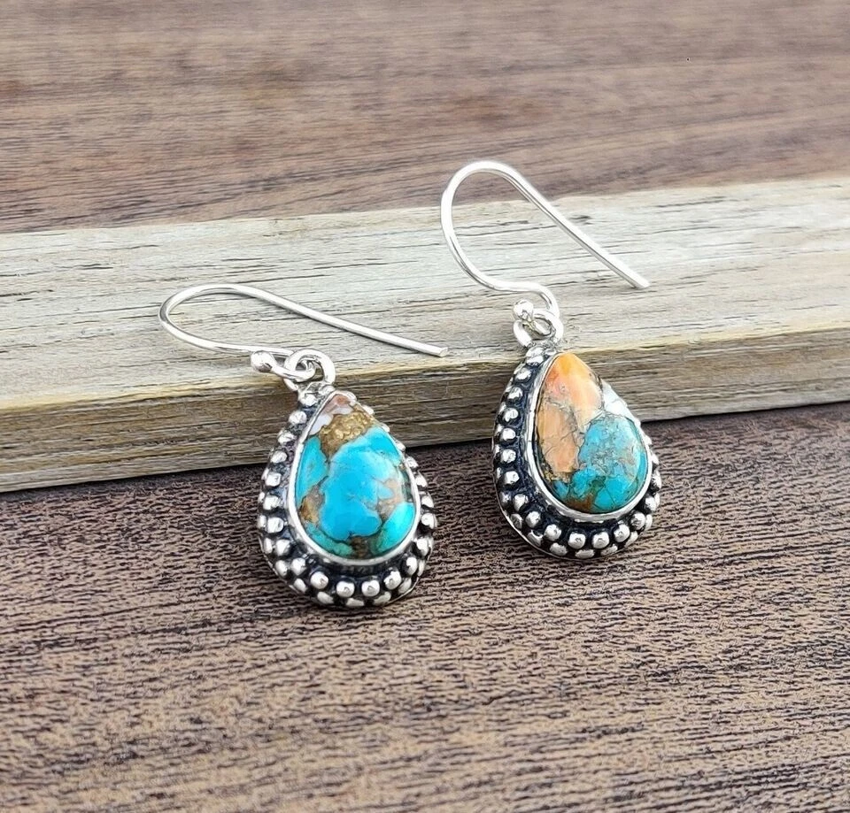 Oyster Copper Turquoise 925 Sterling Silver Beautiful Women Lovely Earring, M447 - Image 2 of 4