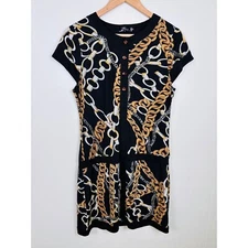 Bacci Size Small Chain Print Dress Jewel Button Detail Short Sleeve Black