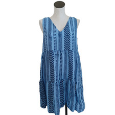 Bella Umbra Dress Womens Medium 100% Linen Sleeveless V Neck Blue Print Shift