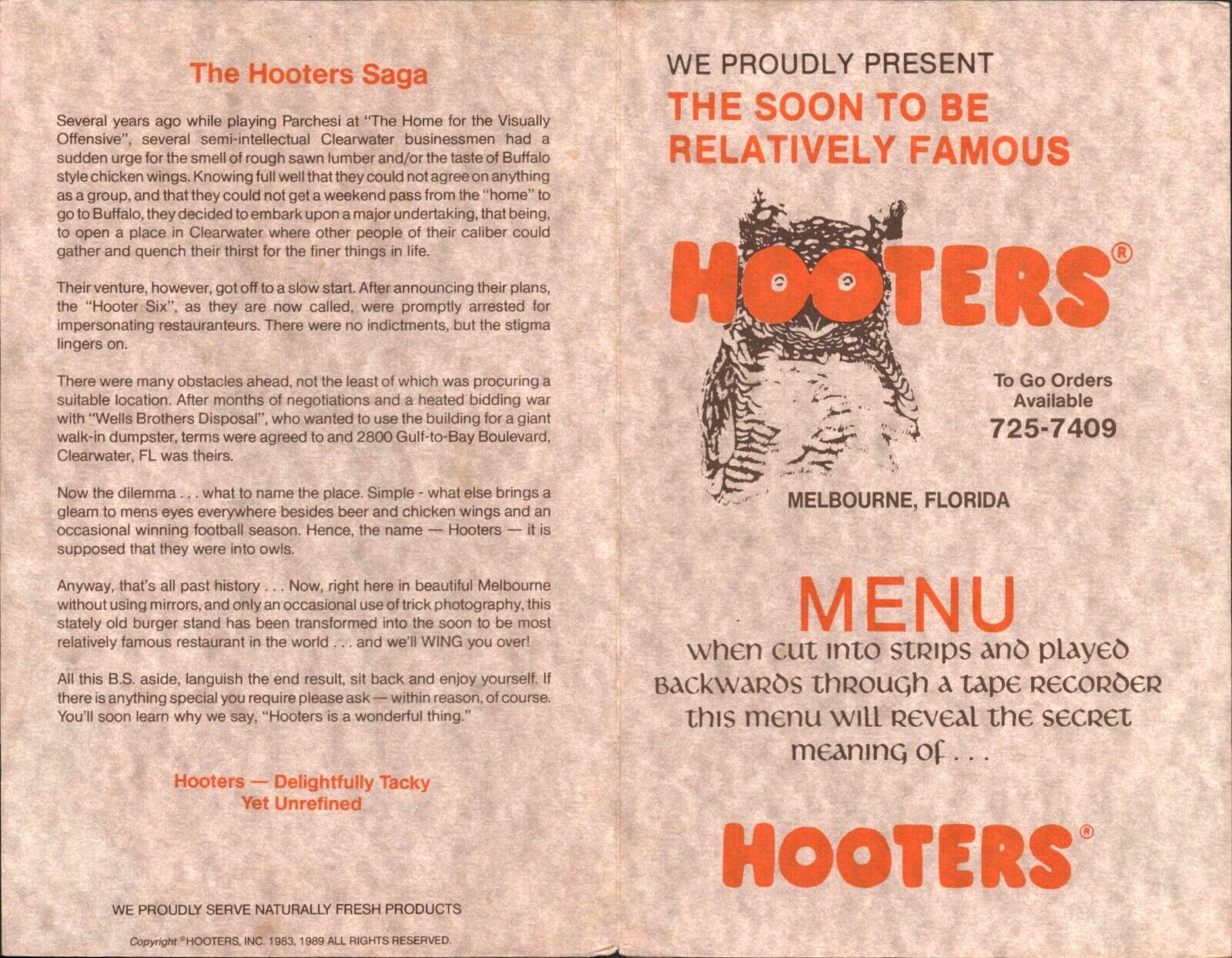 1989 HOOTERS RESTAURANT vintage food menu MELBOURNE, FLORIDA early version