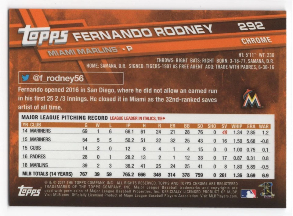2017 Topps Chrome Sapphire Edition Print Run 250 Fernando Rodney #292 Miami - Image 2 of 2