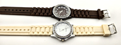 2 Geneva Legend Women's Watches Rhinestone Silicone Band Brown White