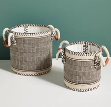 Sold Out ANTHROPOLOGIE Graphic BLACK & WHITE Set of 2 SIERRA BASKETS Handles NEW