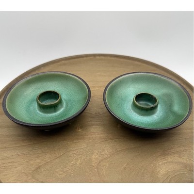 MCM Gotek Colonia Tovar Venezuela Pottery Candle Holder Set Green Crackle Glaze