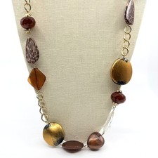 Vintage Gold Tone Long Beaded Necklace Animal Print Leopard Statement Boho 90s
