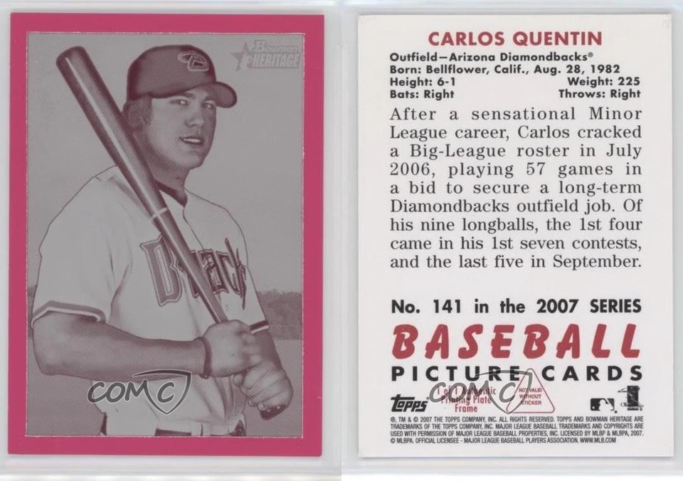 2007 Bowman Heritage Printing Plate Magenta 1/1 Carlos Quentin #141 2n9 - Image 3 of 3