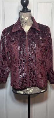 Ruby Rd. Brown Animal Print Zip Front Jacket Collared Short Long Sleeve 10