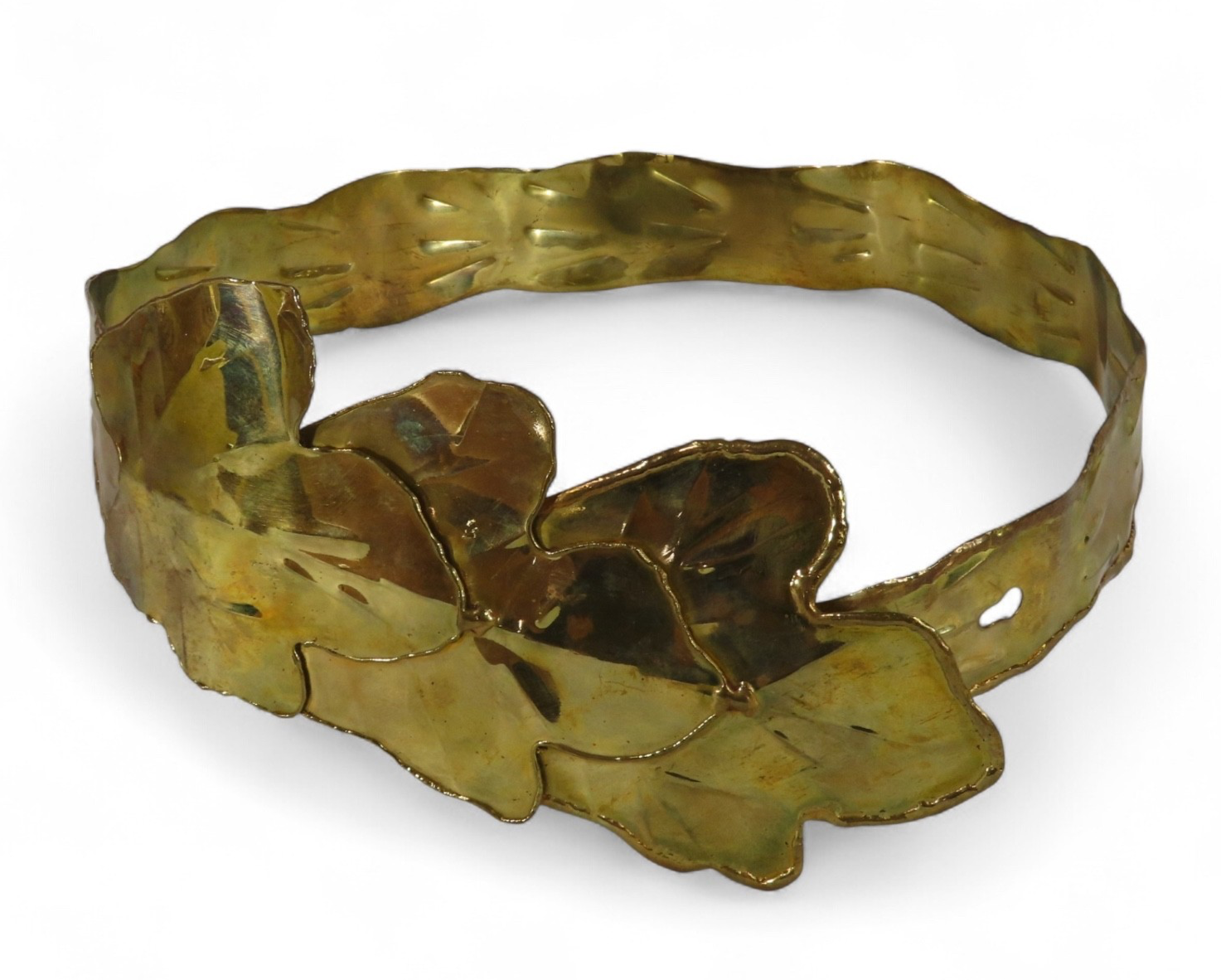 Vintage BRASS CORSET BELT Hammered Brutalist Avant Garde LEAVES PATTERN 29-32