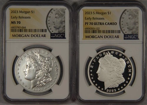 (2) Coins 2023 -S Morgan Silver Dollar NGC MS70 PF70 ULTRA CAMEO Early Releases