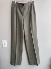 Zara Green Plain High Waist Straight Leg Pleated Trousers Sz Large Work Wear