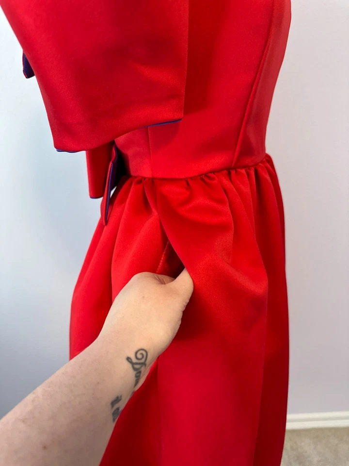 Винтажный 80-х Victor Costa красный фиолетовый бант открытый назад платье вечеринки выпускного вечера женщин размер маленький - Изображение 3 из 4