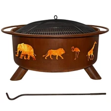 Safari 29 in. x 18 in. Round Steel Wood Burning Fire Pit in Rust with Grill and