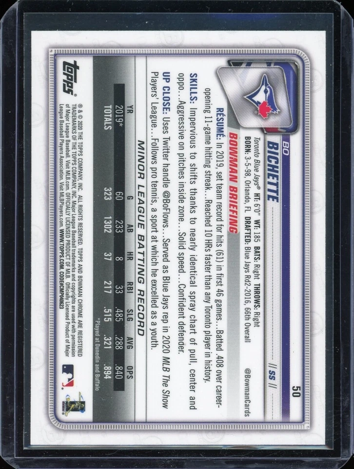 2020 Bowman Chrome BO BICHETTE rookie rc #50 blue jays - Image 2 of 2