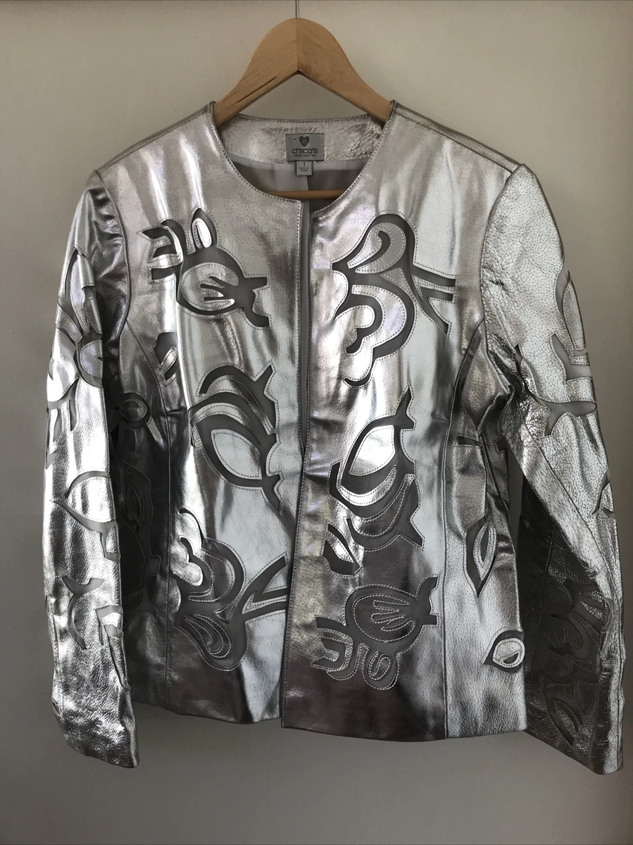 Chicos Womens Silver Metallic Shiny Odile Leather Open Cut Out Coat Jacket 1 40